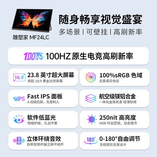Скульптор 23,8-дюймовый монитор Native 100 Гц 100%SRGB широко цветный гамму HDR Low Blue Light Fastips Экран Tye-C E-Sports Gaming Naptop Вторичный экран MF24LC