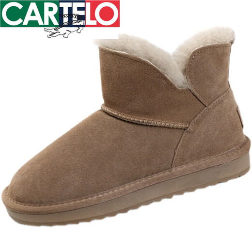 CARTELO leather snow boots for women in 2023 new fashionable fur integrated plus velvet short boots non-slip warm cotton shoes for women camel color 36