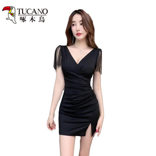 啄木鸟性感连衣裙女深V礼服KTV足浴技师工作服包臀裙上班衣服 3883黑色 S 建议80-95斤