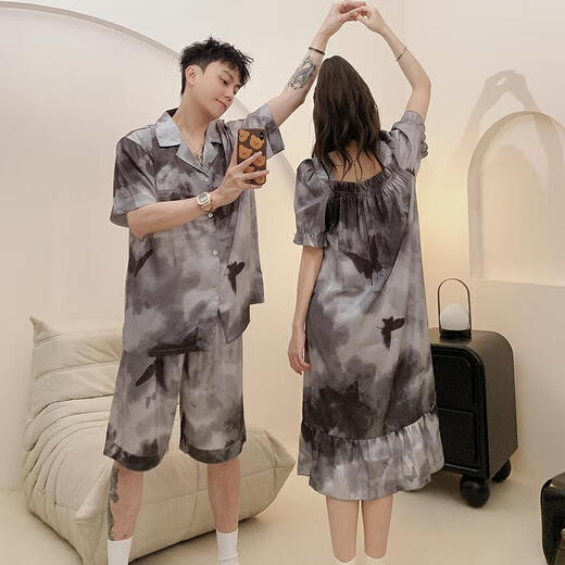 LangSha couple pajamas ladies summer ice silk short-sleeved nightgown feel casual big size men's home clothing set KAD13077 M women + men L