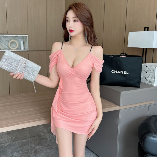 Die Nisi Nightclub Sexy Low Cut V-Neck Suspenten Robe Nouveau Backless Slim-Fit Hippack Jupe courte courte Black Jupe Black Green M (95-105Jin [Jin est égal à 0,5 kg]))