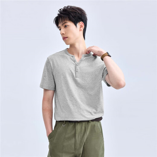 Giordano Henry shirt pure cotton knitted solid color basic Henry collar short-sleeved T-shirt for men 01023418 03 medium gray L
