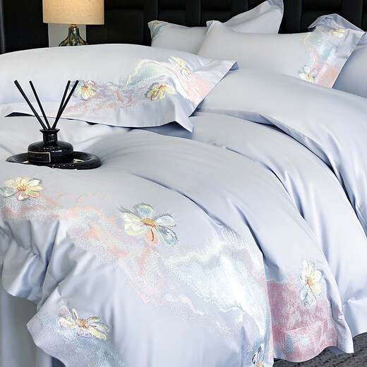 Mengyan MENGYAN's new 100-count pure cotton four-piece set, light luxury long-staple cotton 100% cotton bed sheets and duvet covers, thickened warm bedding, Cloud Blossoms - Baby Blue Sheet Type 1.5 meters (quilt cover 200*230cm)