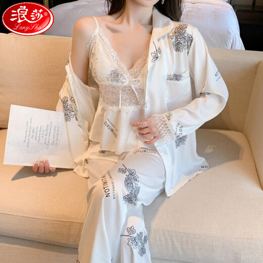 浪莎（LangSha）冰丝睡衣三件套女春秋薄款长袖吊带长裤蕾丝花边性感家居服带胸垫 12041短.袖+吊带+短裤 M 建议80-100斤】