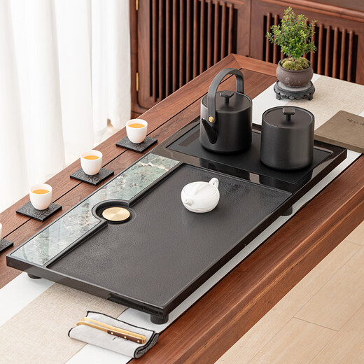 Shishangju whole piece black gold stone tea tray integrated tea tray office drainage type tea table with kettle automatic water supply integrated kettle with double furnace 90*45*3cm