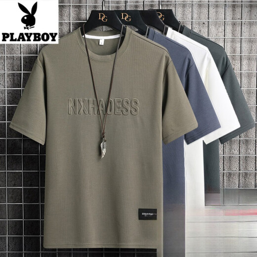 Playboy summer thin ice silk short-sleeved men's fashion sports suit half-sleeved round neck couple outfit ZD829 dark gray M