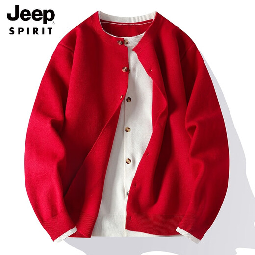 Jeep Spirit Herren-Strickjacke Pullover Herbst und Winter 2025 Neues gefälschte zweiteilige Basis-Strickjacke rotes Neujahr verdickter Pullover WE24893 Neues Jahr Red 3xl
