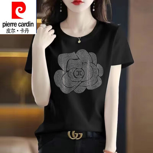皮尔卡丹（pierre cardin）纯棉短袖t恤女大1码夏装新款时尚烫钻圆领半袖上衣黑色镶钻打底衫 圆领-连环爱心钻-黑色短袖 3524 2XL 适合135-165斤