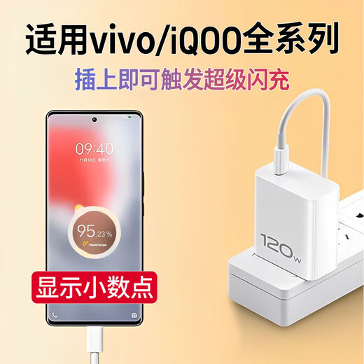 Applicable à Vivo / IQOO Charger Super Flash Charge VIVOX100 / 90 MOBILE IQOO12 / 11/11 / 12PRO / 9 CHARGE FAST IQOOneO9 / 8/7 / 7SE Chargeur Set + 2 mètres Câble