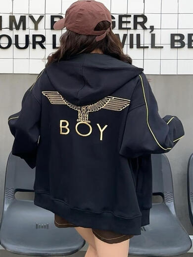 BOY trendy brand boy spring and autumn new hooded cardigan sweatshirt jacket classic gold embroidered eagle cardigan for men and women black XS (90-130Jin Jin equals 0.5 kg)