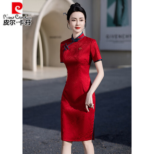 皮尔卡丹红色旗开得胜旗袍夏季新款2025高考送考年轻款妈妈日常可穿连衣裙 679绿色大花扣 S