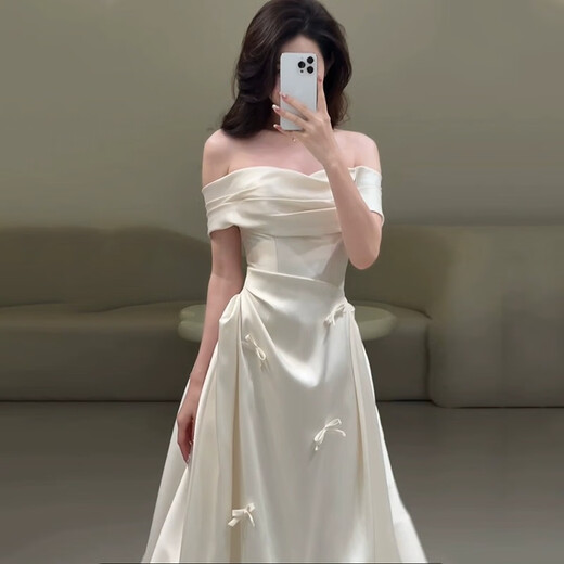 AIFANGNIAO high-end French dress women's banquet evening dress satin light wedding dress one-shoulder student adult ceremony art test vocal skirt white XS
