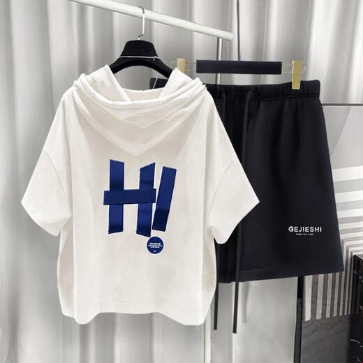 夏品丽港风连帽短袖套装男夏季潮流印花T恤整套 黑色t5019+灰色9215 S  适合(85-105斤)