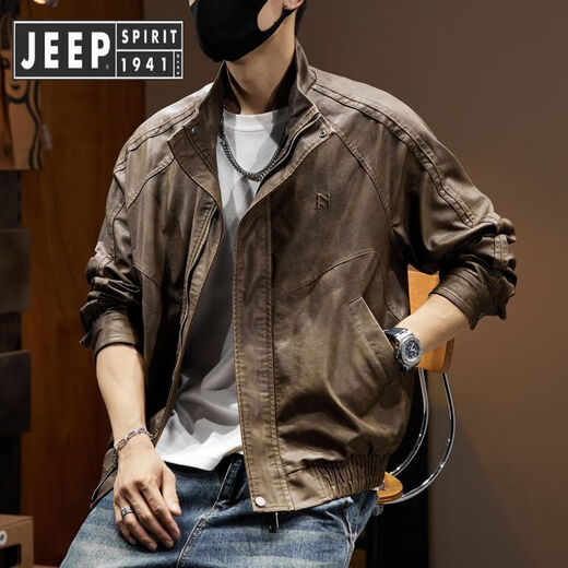 JEEP SPIRIT Jeep Leather Jacket Men's Maillard Retro Motorcycle Style Leather Jacket Men's 2025 Spring and Autumn New Pilot Jacket Brown Style Regular 2XL Suitable for Weight 160-180Jin Jin is equal to 0.5 kg