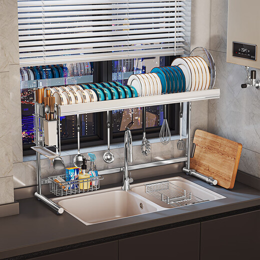 Utewei de acero inoxidable Rack de almacenamiento de almacenamiento de fregadero de la rejilla de almacenamiento del fregadero de la rejilla de almacenamiento de plato ajustable de una sola capa M687-White de 69 cm de largo [sin colgante]