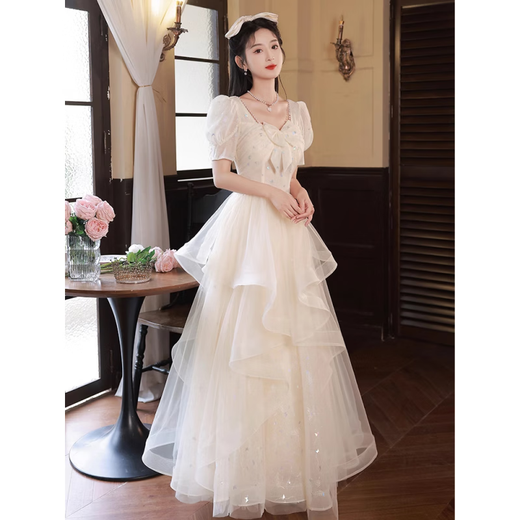 留沁香槟色晚礼服轻奢小众高端感生日婚纱公主裙年会成人礼女新款 香槟色 S