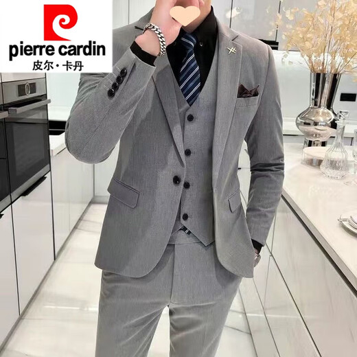 Pierre Cardin brand high-end suit men's three-piece Korean version slim business formal casual small suit groom wedding black suit + trousers + vest + shirt collar L recommended 100-115 Jin Jin equals 0.5 kg