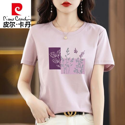 Pierre Cardin Cotton Kurzärärmelte T-Shirt für Frauen losen einfaches Temperament Alter reduzierende rosa T-Shirt-Hemd Sommer 2025 Neues Top 6172 Graupulver + 1xS080 Hellgurpur XL 120-135jin [Jin gleich 0,5 kg]