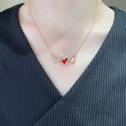 Fujiu Kirin 3-gourd necklace sterling silver plated 18k gold clavicle chain with diamond pendant red agate bracelet green jade earrings 3-gourd red agate necklace
