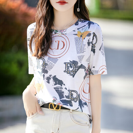 HMRSV Mulberry Silk Kurzärärmelte T-Shirt für Frauen 2025 Sommer Neues lässiges und modisches Design Cooles Gefühl MA Familie gedruckt Top Trend D Familie gedruckt 838 L
