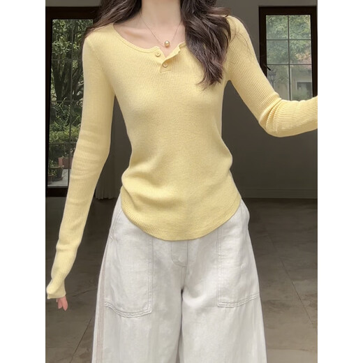 
Guo Jiujiu, mulberry silk wool gentle style long-sleeved knitted sweater top wide-leg trousers G924Z12798 top-cream yellow M