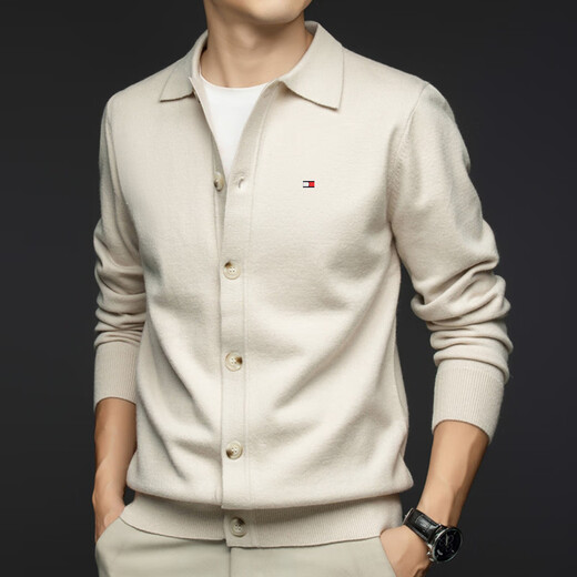 TOMMY JOHN美国汤米纯色羊毛开衫男春秋装翻领保暖毛衣时尚外套男针织打底衫 米色 专柜品质，质量保证 2XL 180 建议160-175斤