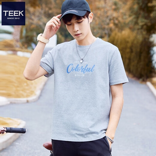 
TEEK pure cotton short-sleeved T-shirt for boys casual versatile clothes Student fashion printed top 2025 summer trendy men's clothing HS1301 flower gray L