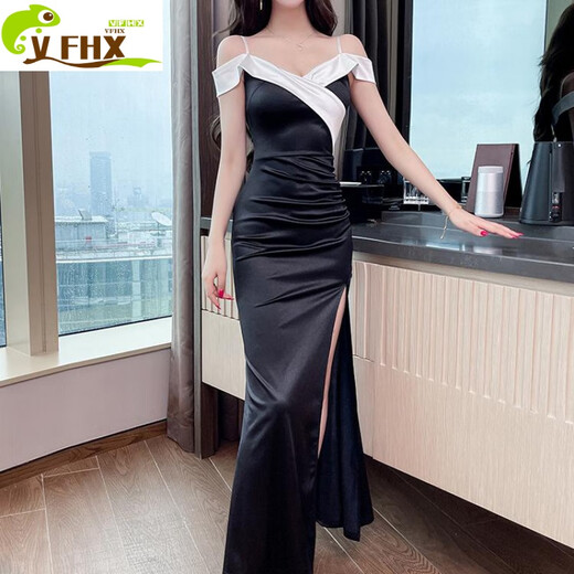 VFHX晚礼服性感吊带连衣裙一字肩气质夜场长款柔式spa足浴技师工作服 白色 13582 S 建议80-90斤