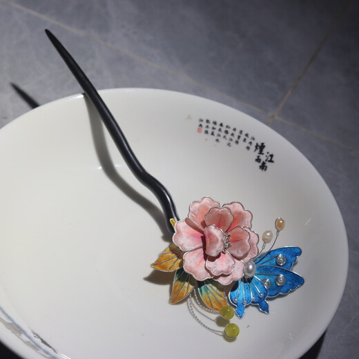 Meng Junchen Intangible Cultural Heritage Cloisonné Flower Silk Rich Peony Flower Ancient Style Hanfu Cheongsam Ebony Wood Hairpin Headdress Style 1