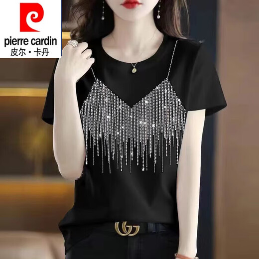皮尔卡丹（pierre cardin）纯棉短袖t恤女大1码夏装新款时尚烫钻圆领半袖上衣黑色镶钻打底衫 圆领-连环爱心钻-黑色短袖 3524 2XL 适合135-165斤