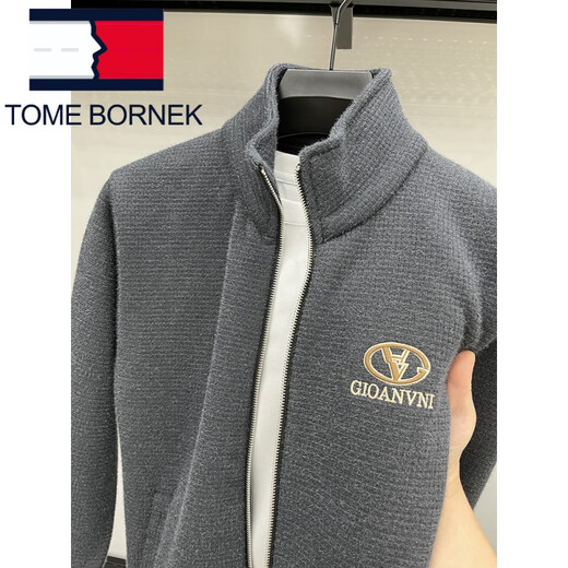 Tommy Shekelly Tommy Spring Fleece Thickened Sweatshirt Jacket High-end Heavy Middle-aged Daddy's Stand-Link Zipper Wool Cardigan Men Grey XL