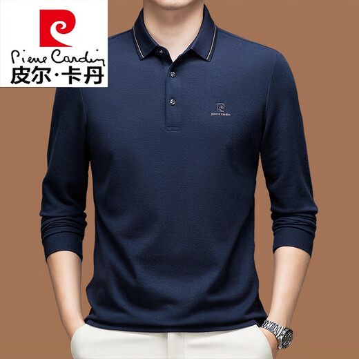 Pierre cardin men's long-sleeved T-shirt spring and autumn breathable solid color POLO shirt high-end business casual lapel top 15831-Black M 165 [recommended 90-120 Jin [Jin equals 0.5 kg]]