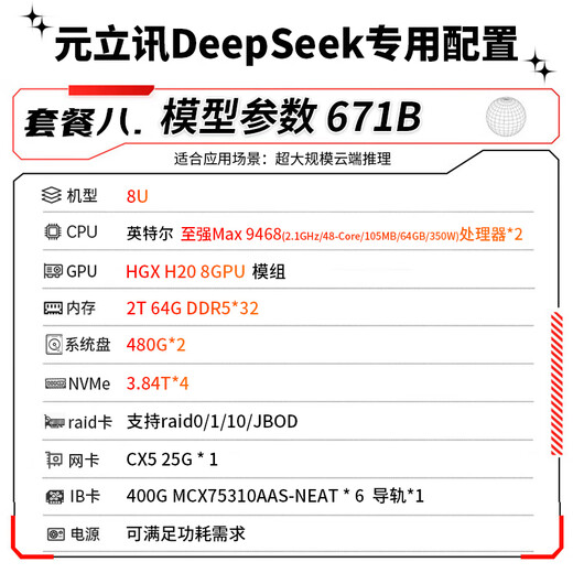 元立讯DeepSeek模型工作站主机 服务器 本地部署 人工智能AI模型训练塔式电脑渲染建模图 套餐8丨671B DeepSeek推理工作站