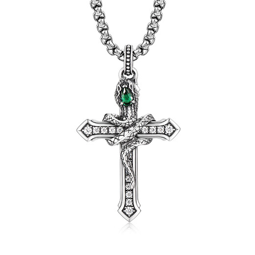 IDEAGEMER Teng She series 925 silver cross necklace men's high-end original niche snake year animal year pendant 925 silver Teng snake cross pendant-steel chain-55CM