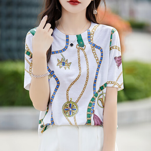 HMRSV桑蚕丝短袖T恤女2025夏季新款休闲时尚设计感凉感马家印花上衣潮 链条印花834 XL