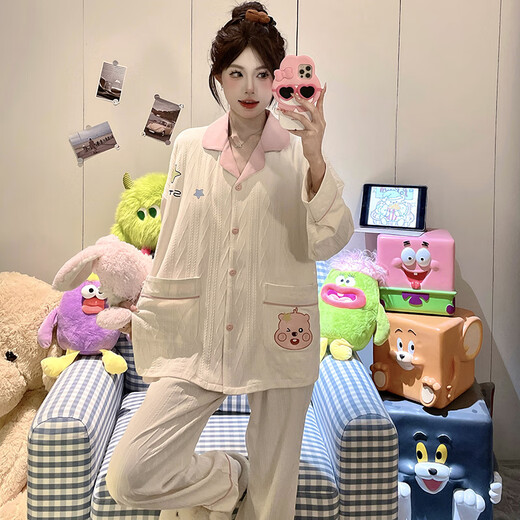 另约睡衣女春秋款长袖带胸垫2025新款可爱卡通甜美小熊夏季家居服套装 A691 星星海狸 M