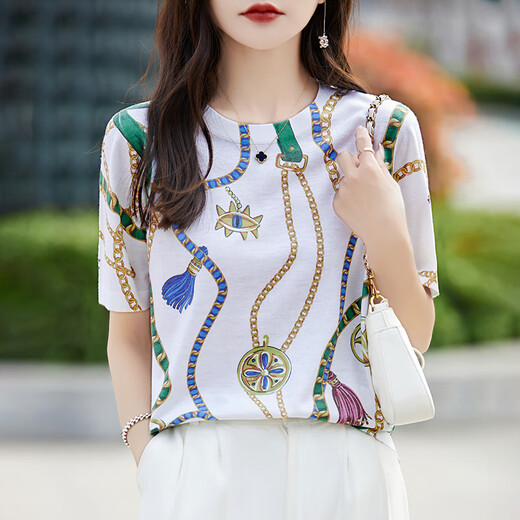 HMRSV桑蚕丝短袖T恤女2025夏季新款休闲时尚设计感凉感马家印花上衣潮 链条印花834 XL