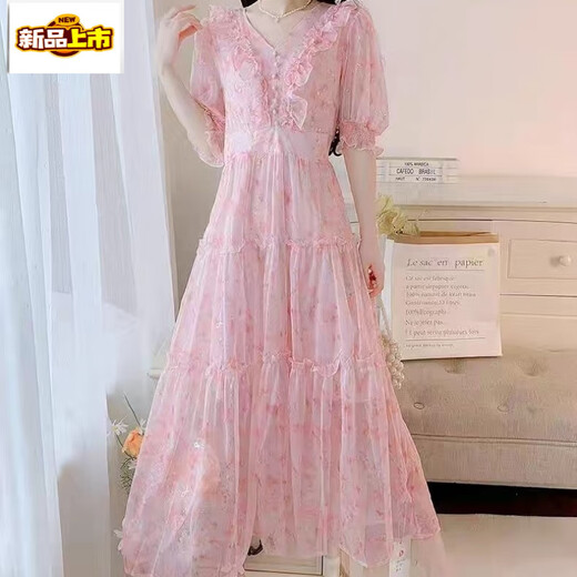 Break de thé français du premier chemin en V Beau robe en mousseline de mousseline florale pour l'été féminin 2025 Nouveau tempérament à la taille de la taille de fée-jupe longue Blue 736 # [Version Robe] L [suggéré 105-120jin [Jin est égal à 0,5 kg]]]