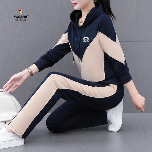 啄木鸟品牌运动服套装女春秋新款中青年大码宽松卫衣外套休闲两件套潮 9196红色 M建议75-98