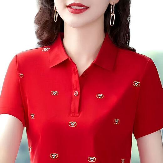 T-shirt à manches courtes Xuan Mulin pour les femmes en été, nouvelle tenue mère à la mode portant un polo de grande taille de revers rouge C-1697 Rose Red M recommandée 80-95 Jin [Jin est égal à 0,5 kg]