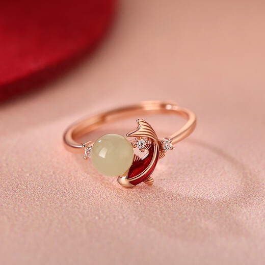 Su Shiliu Hotan jade koi ring for women 925 silver light luxury index finger ring open ring birthday gift for girlfriend and wife 925 silver jade koi ring adjustable