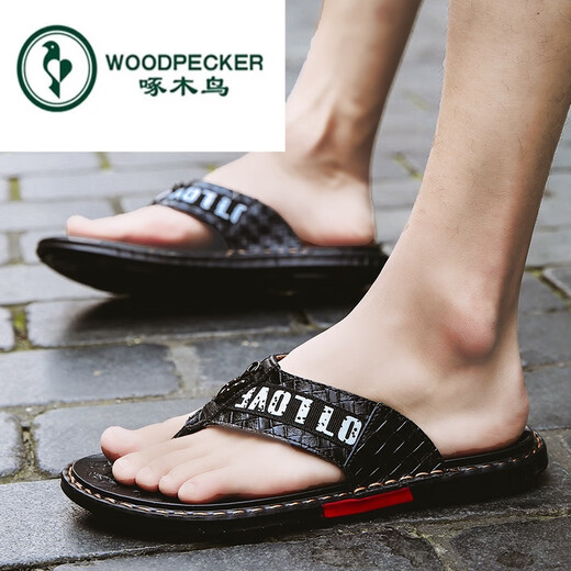 
Woodpecker brand flip flops men 2022 summer men's slippers genuine leather sandals trendy non-slip outdoor sandals outside the beach 16886 black and red 38