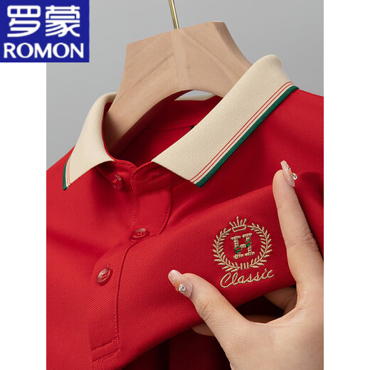 ROMON summer men's short-sleeved T-shirt pure cotton high-end embroidered lapel Polo Paul shirt heavyweight half-sleeved top men 9901 - red M recommended 90-110Jin Jin equals 0.5 kg