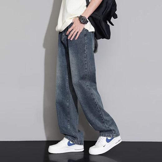 Nebel Sky Jeans Herren Sommer Dünne losen amerikanischen Casual Hosen für die Trendy-Wäsche von Jungen Retro Wide-Leg Hosen 718-K870 Dark Blue M (Empfohlen 110-130jin [Jin entspricht 0,5 kg]))