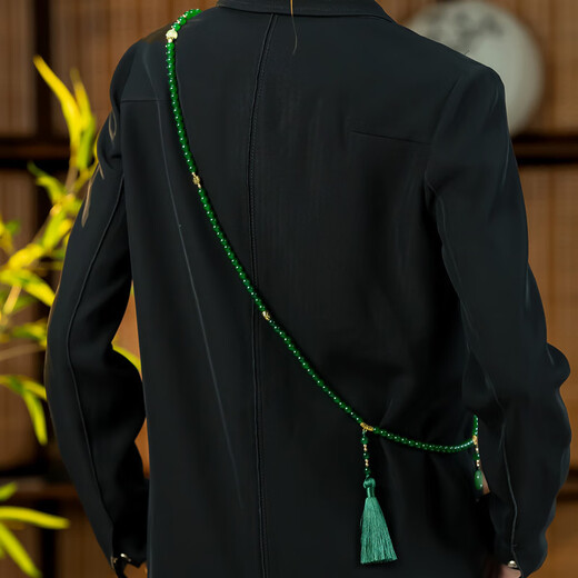 CLCEY new Chinese style necklace green beaded tassel sweater chain high-end long crossbody chain literary retro accessories round button long tassel necklace can be crossbody (Ma 1391