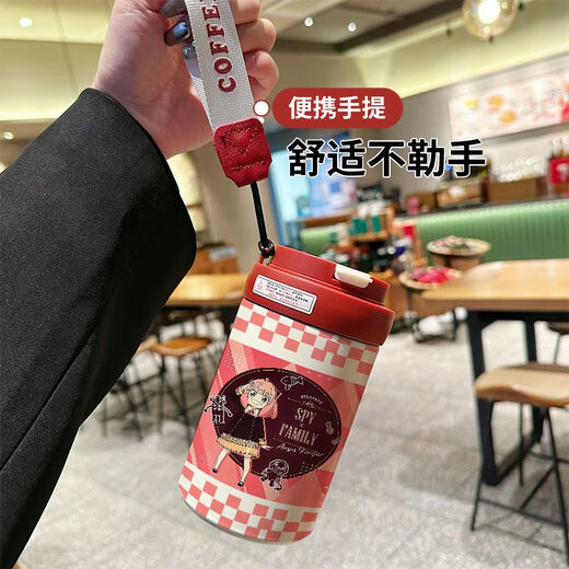保温杯学生男女士上班办公专用咖啡水杯动漫卡通茶水分离带吸管口 粉白吸管+直饮FLX13548 0ml