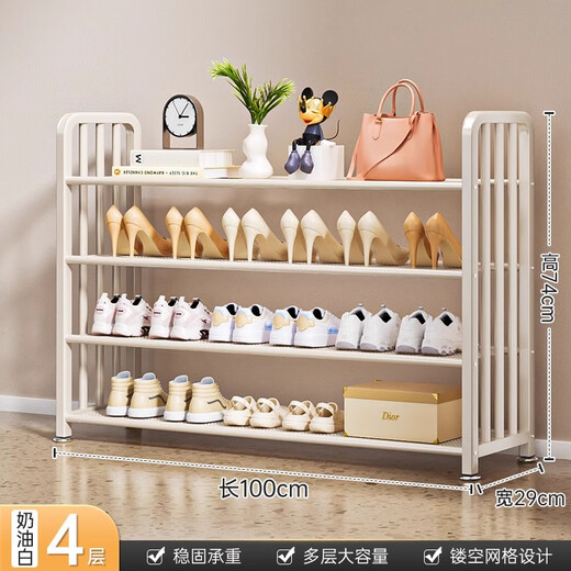 Hemai shoe rack at home entrance multi-layer simple entry small outdoor wrought iron shoe stainless steel shoe cabinet integrated against the wall four layers 100CM cream white