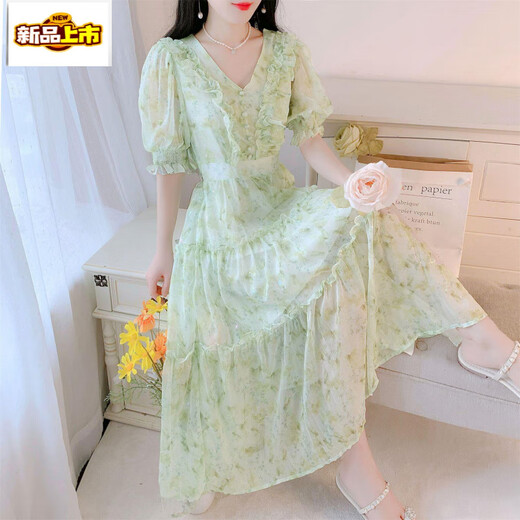 Break de thé français du premier chemin en V Beau robe en mousseline de mousseline florale pour l'été féminin 2025 Nouveau tempérament à la taille de la taille de fée-jupe longue Blue 736 # [Version Robe] L [suggéré 105-120jin [Jin est égal à 0,5 kg]]]