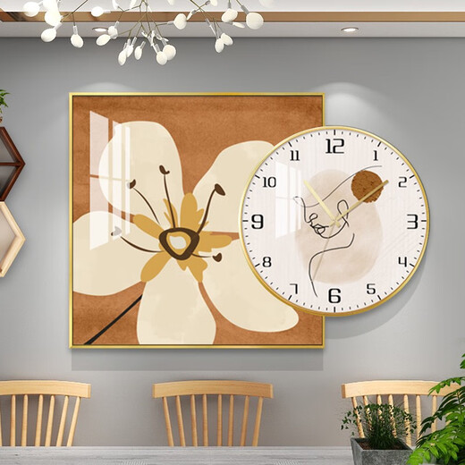 Nordic einfaches und modisches Restaurant mit Uhrenkombinationskombination Gemälde, leichter Luxus -Esszimmer Hintergrund Wandhänge Gemälde, Kristallporzellanbilder, Txmg12608 60*60 cm+Runddurchmesser 40 cm Gesamtlänge 80 Textur Textur