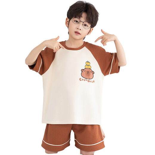 Children's pajamas boy pure cotton summer short-sleeved cute cartoon medium-sized boy boy home clothes suit summer cotton TN691# 130 size 14 (height 125-135cm weight 60Jin [Jin equals 0.5 kg])